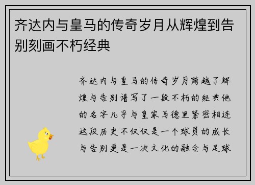 齐达内与皇马的传奇岁月从辉煌到告别刻画不朽经典 齐达内与皇马的传奇岁月从辉煌到告别刻画不朽经典