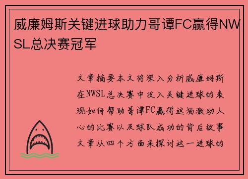 威廉姆斯关键进球助力哥谭FC赢得NWSL总决赛冠军 威廉姆斯关键进球助力哥谭FC赢得NWSL总决赛冠军