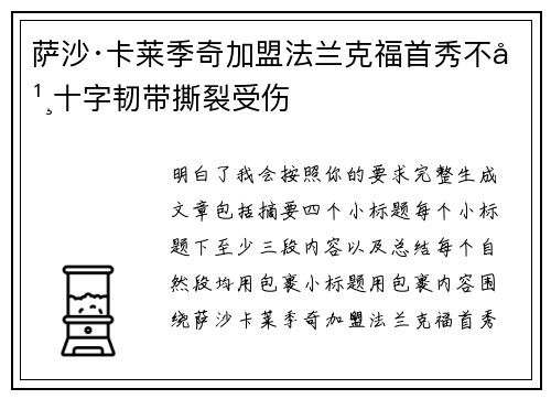 萨沙·卡莱季奇加盟法兰克福首秀不幸十字韧带撕裂受伤 萨沙·卡莱季奇加盟法兰克福首秀不幸十字韧带撕裂受伤
